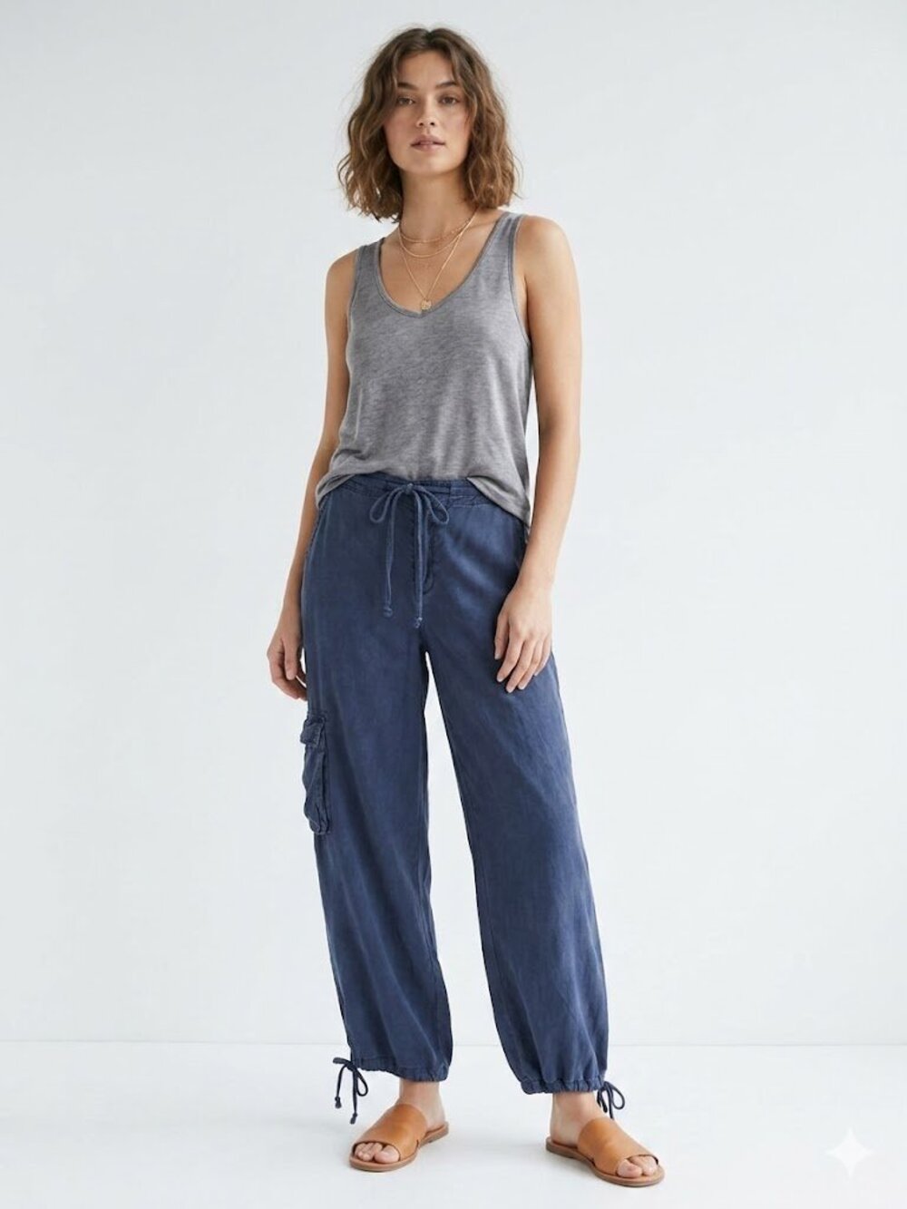 Young Fabulous & Broke Navy Tencel Cargo Pants Jogger Wide Leg Soft S